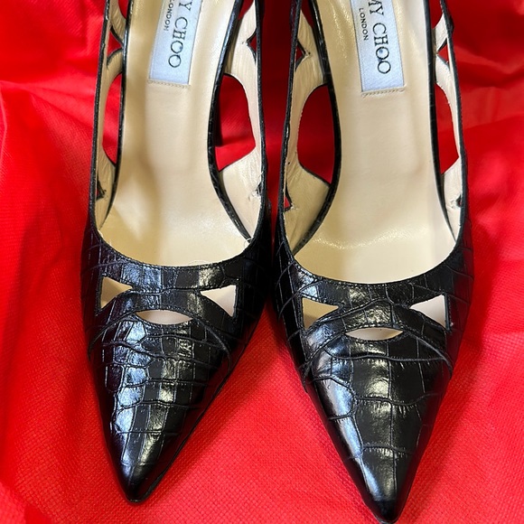 Jimmy Choo Black Croc Embossed Leather Eternal Cut Out Pumps